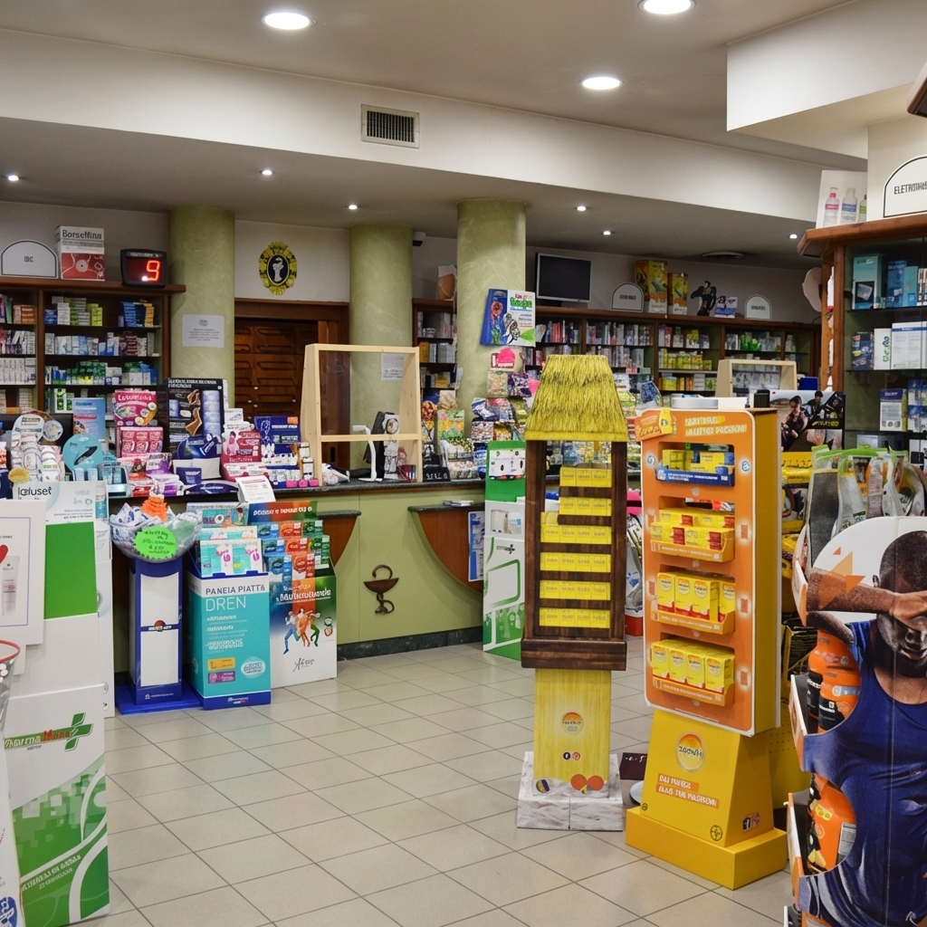 Interno della Farmacia della Rufina con banco vendita e prodotti per il benessere